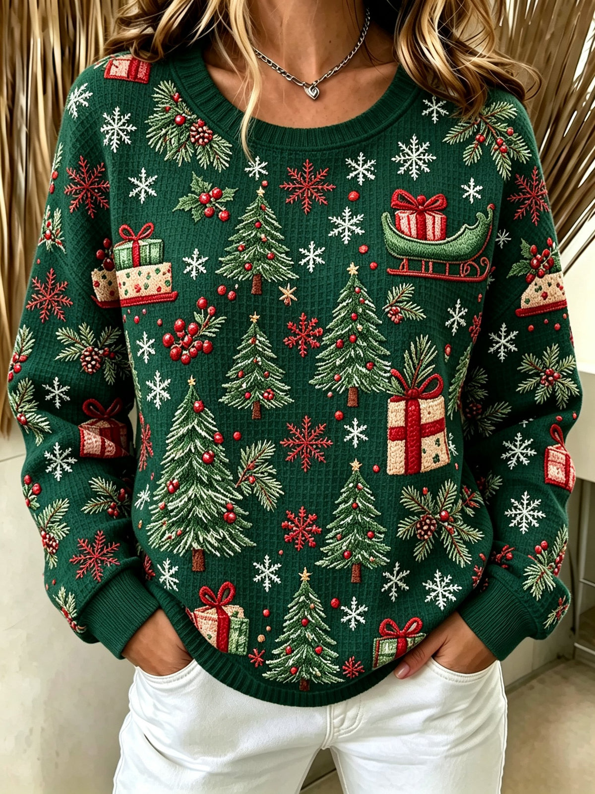 Women's Christmas Print Cozy Waffle Top