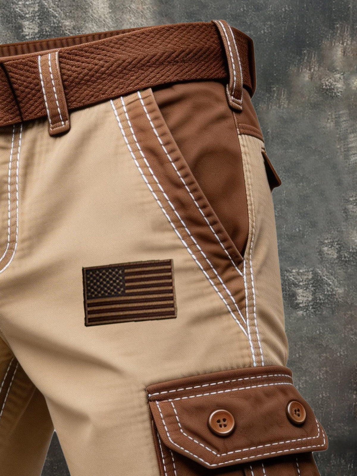 Men's Retro Color-Block Distressed Patriotic Cargo Shorts with Pockets (Belt Not Included)