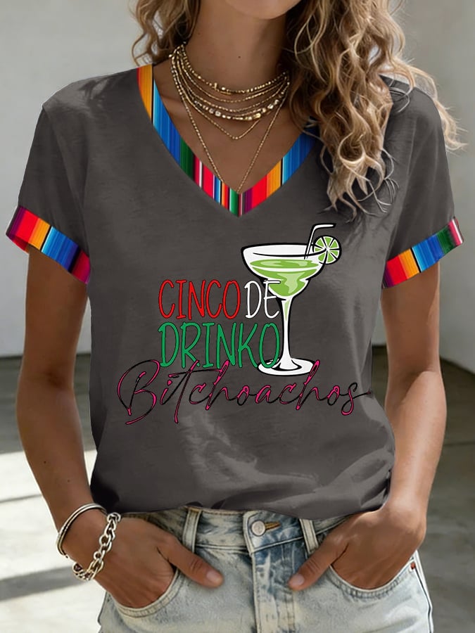 Women's Cinco De Drinko Bitchachos Print V Neck T-shirt