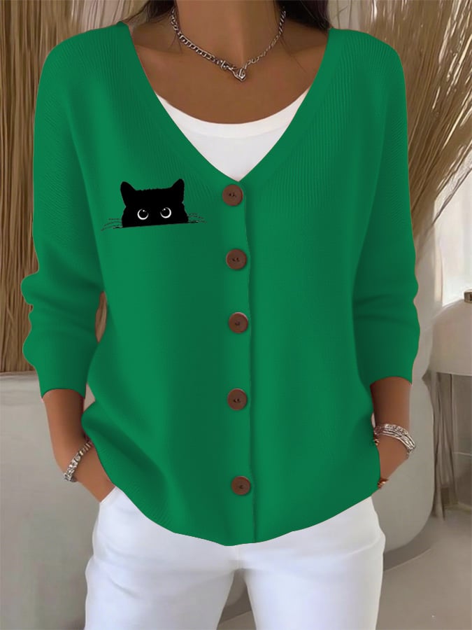 Women's Autumn Cute Black Cat Print Casual Sweater Cardigan