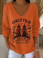 Women's Girls Trip Salem Witch Print V Neck Sweater