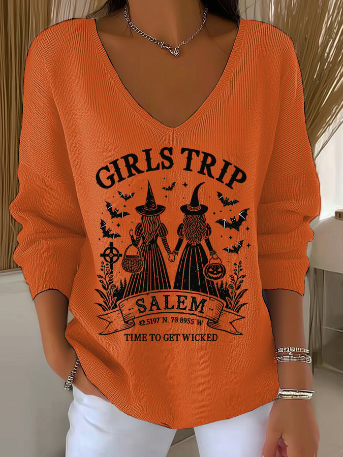 Women's Girls Trip Salem Witch Print V Neck Sweater