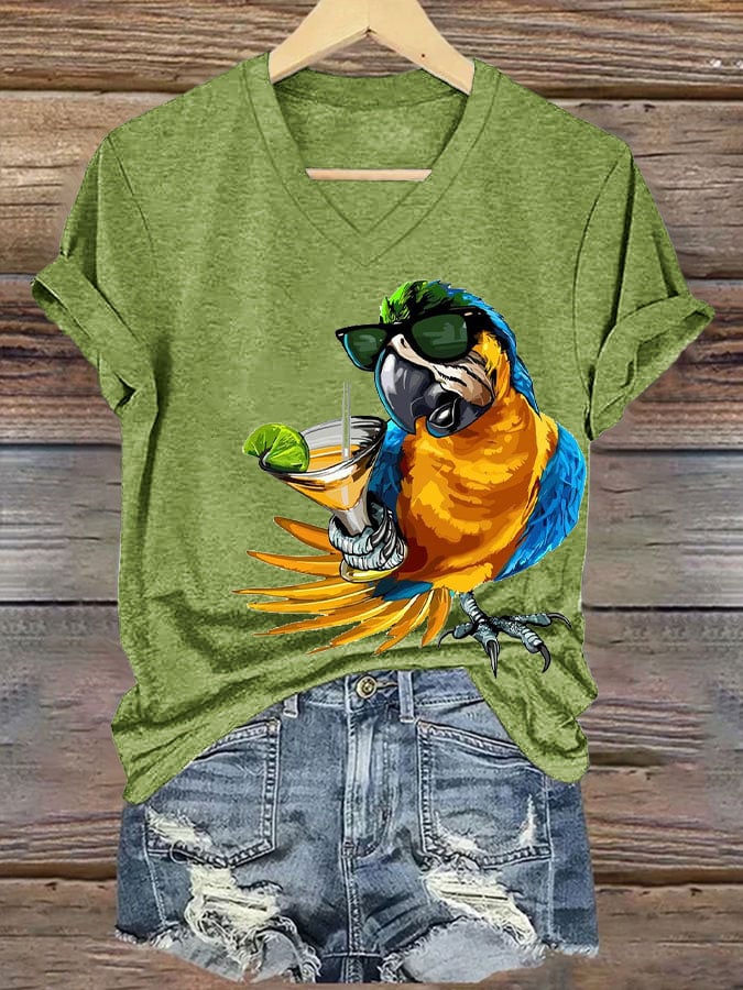 Women's  Funny Drinking Parrot Print T-Shirt