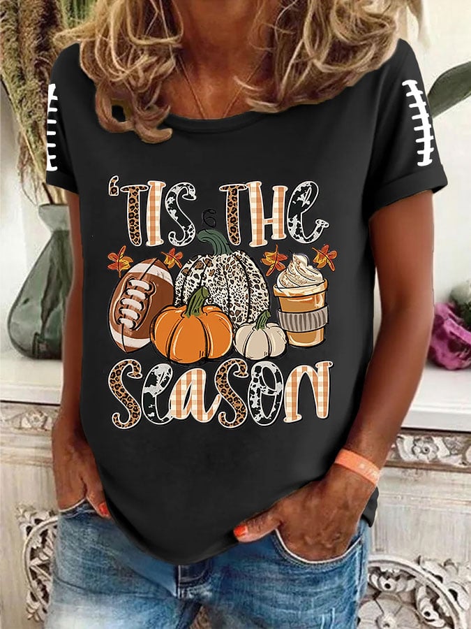 Women's FALL Football TIS THE SEASON Printed Round Neck T-Shirt