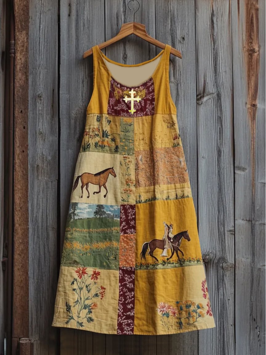 Women's Western Pony Floral Cross Print Sleeveless Round Neck Dress