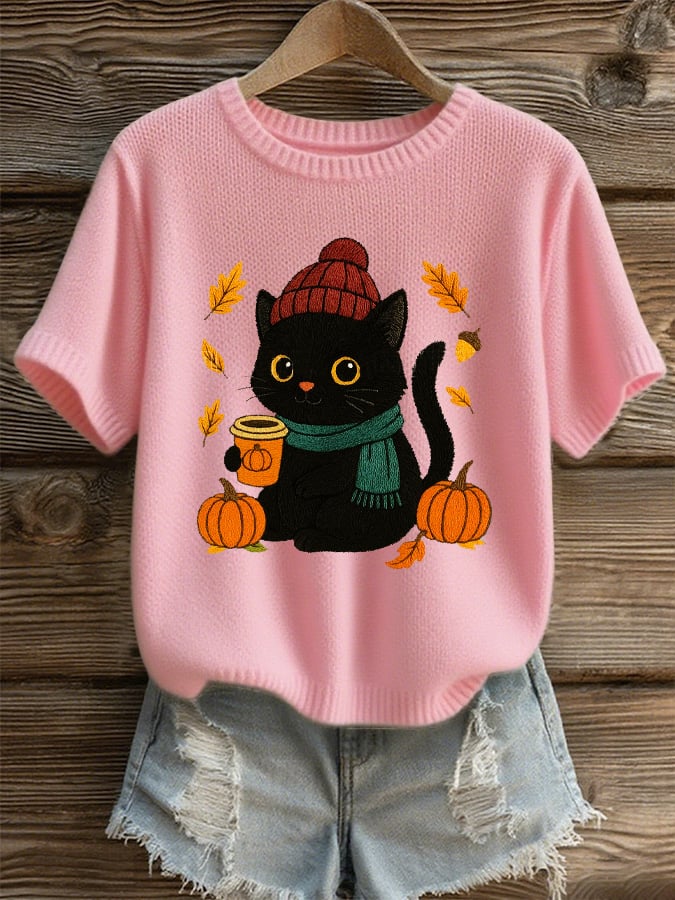 Women's Autumn Cute Scarf Little Black Cat Print Casual Round Neck Knit Top