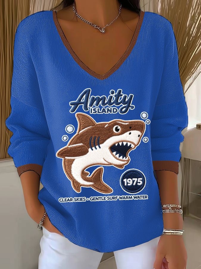 Women's Great White Shark Print Drop Shoulder Top