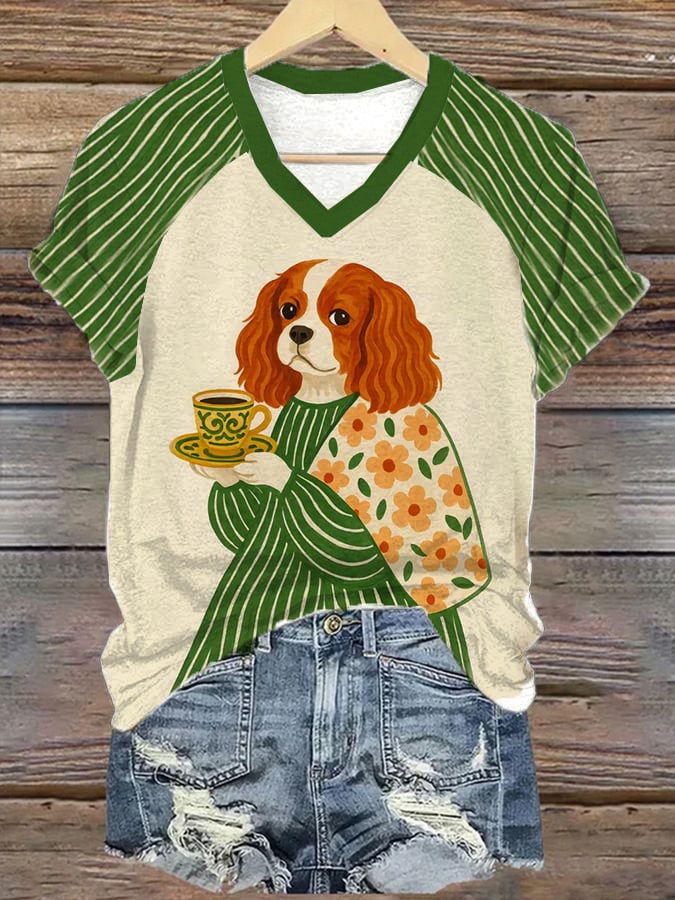 Women's Funny Coffee Dog Printed Casual T-Shirt