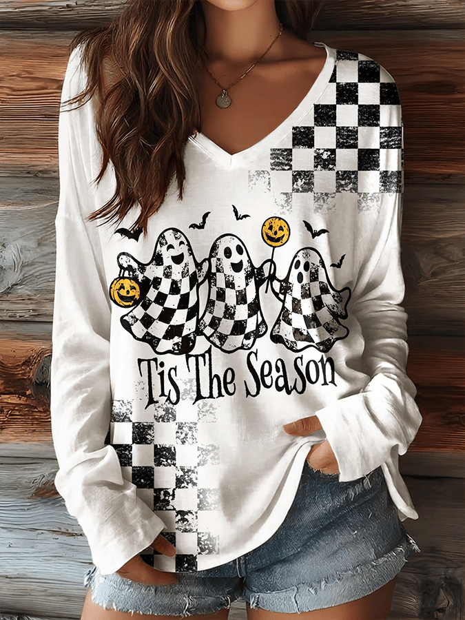Women's Halloween Tis The Season Print V-Neck Long Sleeve T-Shirt