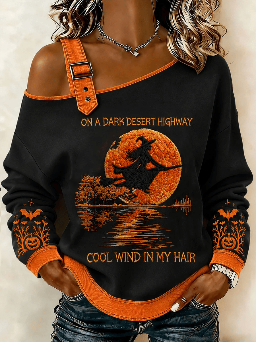 Women's Halloween Witch Pumpkin Bat Casual Off-Shoulder Sweatshirt