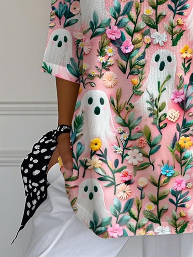 Women's Ghost Print V-Neck T-Shirt