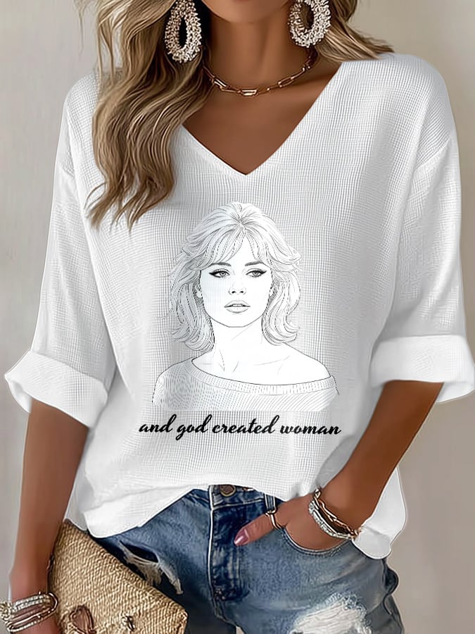 V-Neck Retro B.B. And God Created Woman Watercolor Painting Print T-Shirt