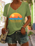 Women's Amity Island 1975 Print V Neck Casual T-Shirt