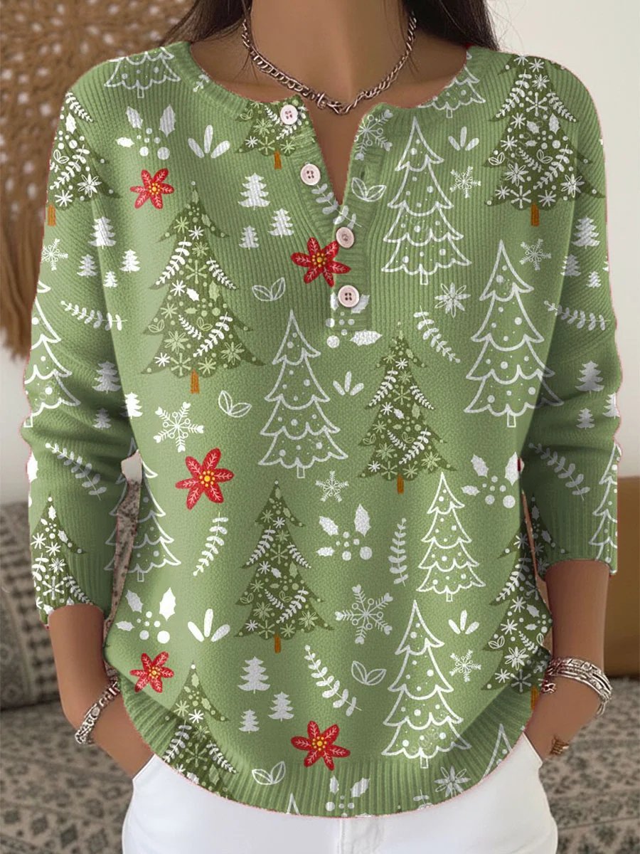 Women's Christmas Print Knit Button Top