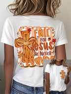 Women's Retro Fall For Jesus He Never Leaves Print T-Shirt