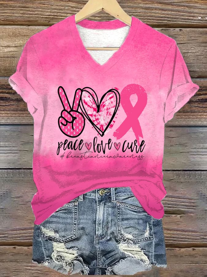 Women'S Peace Love Cure - Breast Cancer Awareness Print Casual T-Shirt