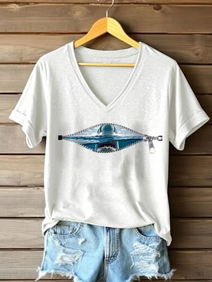 Women's Great White Shark Casual V-Neck T-Shirt