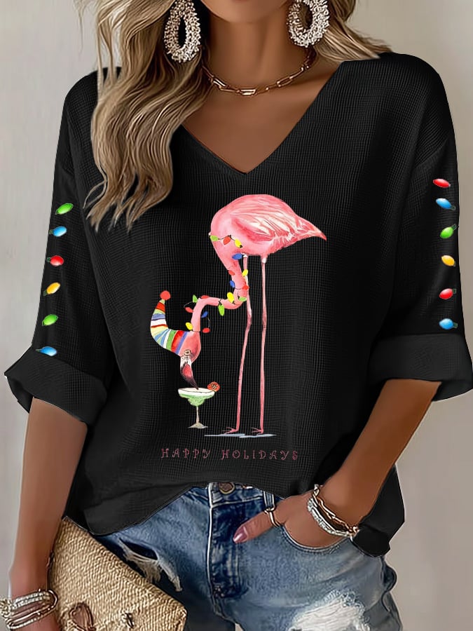 Women's casual Christmas pink flamingo waffle long-sleeved T-shirt