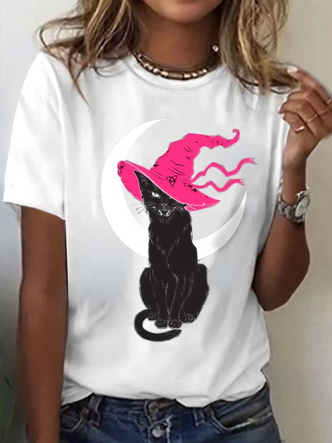 Women's Witch Cat  Printed Short-Sleeved T-Shirt