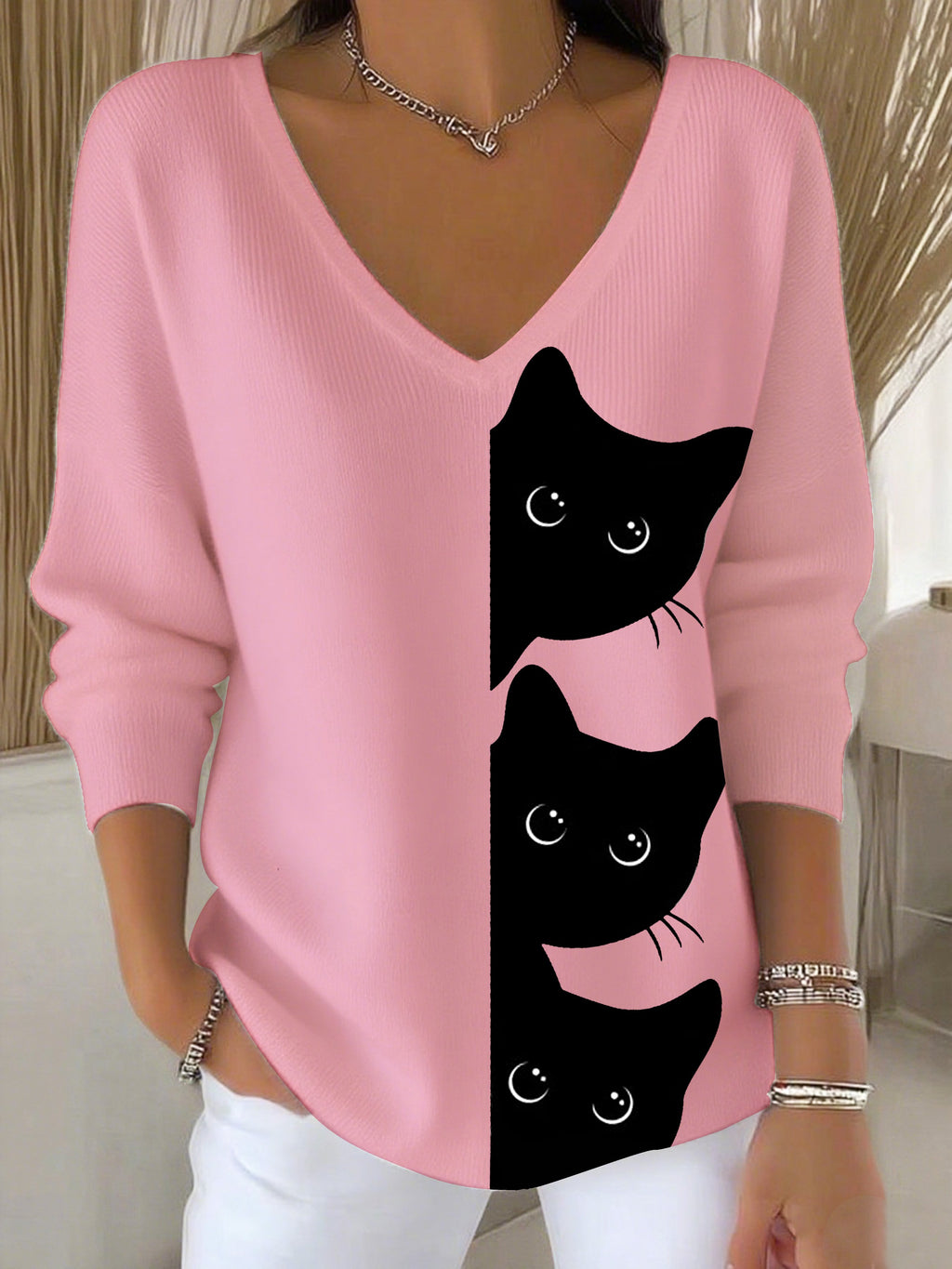 Women's Autumn Cute Three Little Black Cats Printed Casual Top
