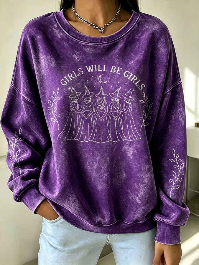 Women's Halloween Girls Will Be Girls Witch Print Sweatshirt