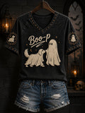 Women's Halloween Ghost Animal Dog Boo-p Printed V-neck T-shirt