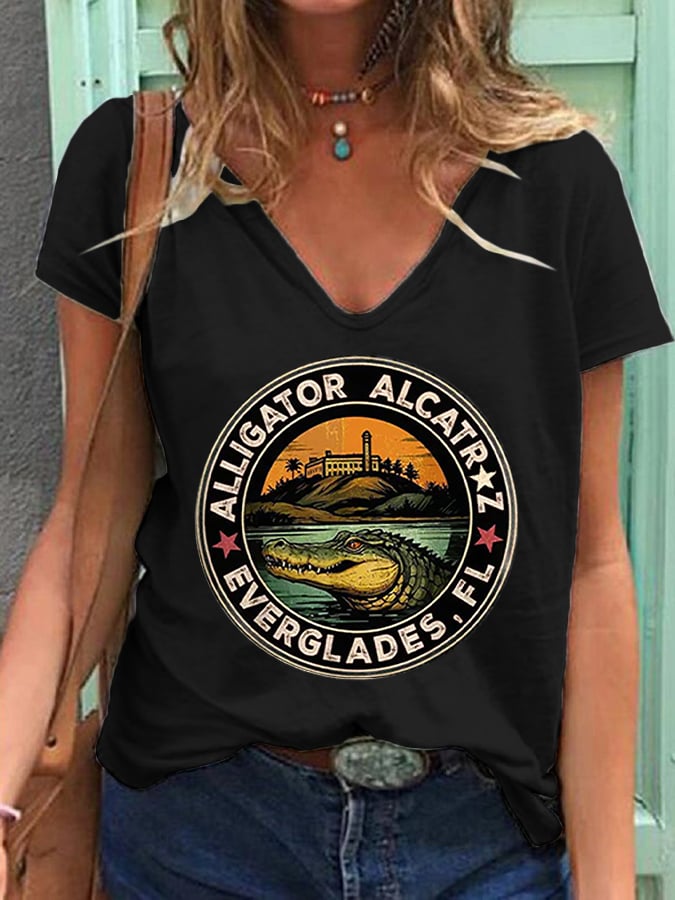 Women's Alligator Alcatraz Funny Florida Everglades Dark Humor Printed T-Shirt