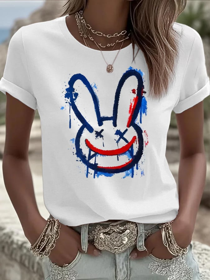 Women's Graffiti Rabbit Print Short Sleeve T-Shirt