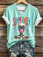 Women's Summerween Skull Vibes Printed V-Neck T-shirts