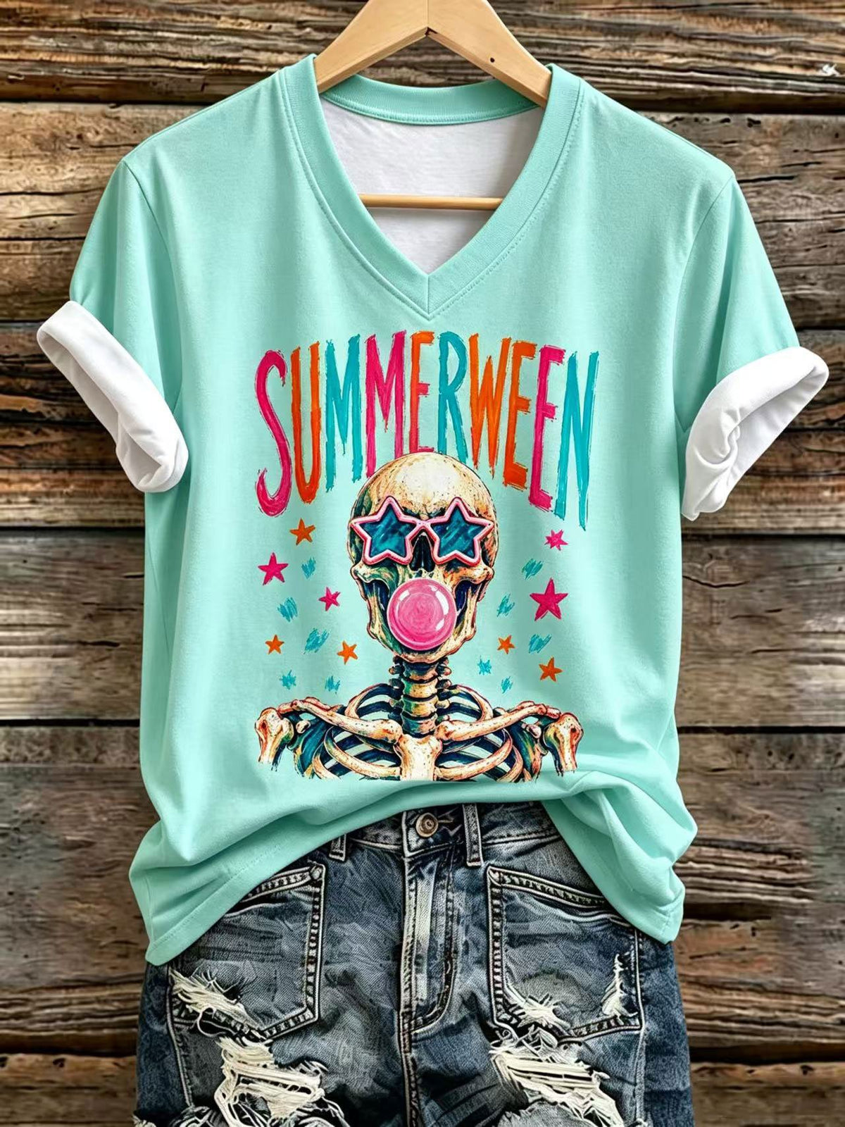 Women's Summerween Skull Vibes Printed V-Neck T-shirts