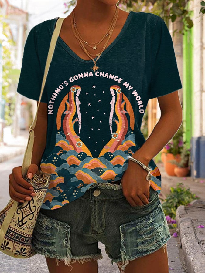 Women's Nothing's Gonna Change My World Print V Neck T-shirt