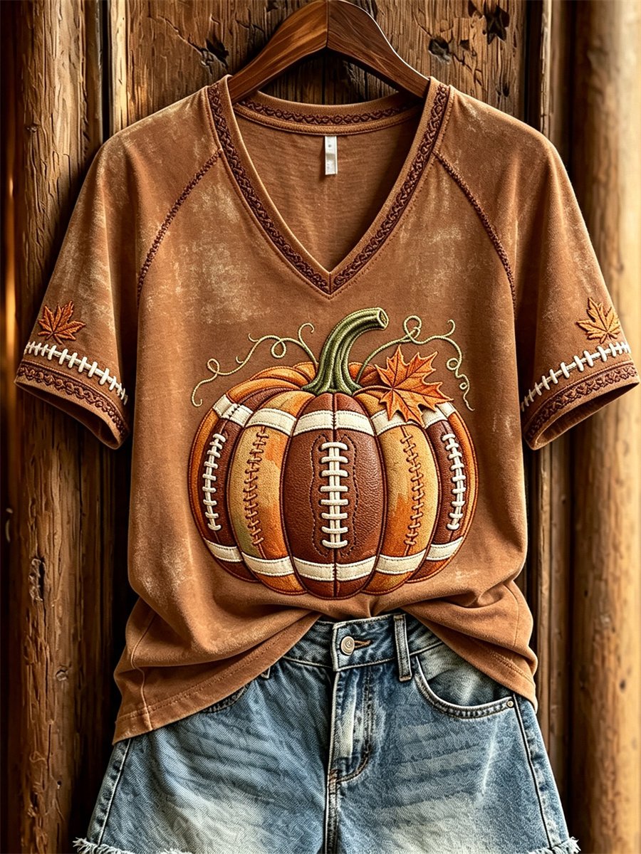 Women's Football Inspired Fall Pumpkin Print T-shirt