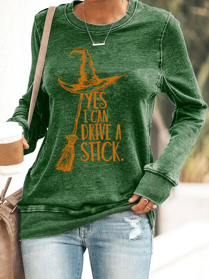 Women's Yes I Can Drive A Stick Print Round Neck Sweatshirt