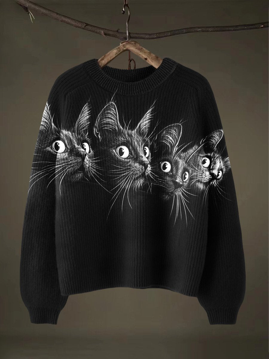 Black Cat Halloween Art Print Thin Sweater