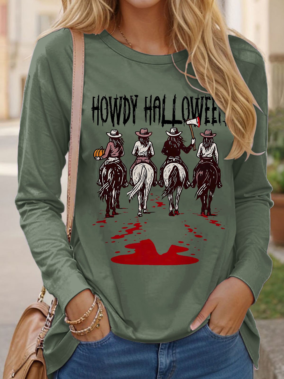 Women's Halloween Crew Neck Print Top