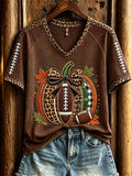 Women's Football Inspired Fall Pumpkin Print T-shirt