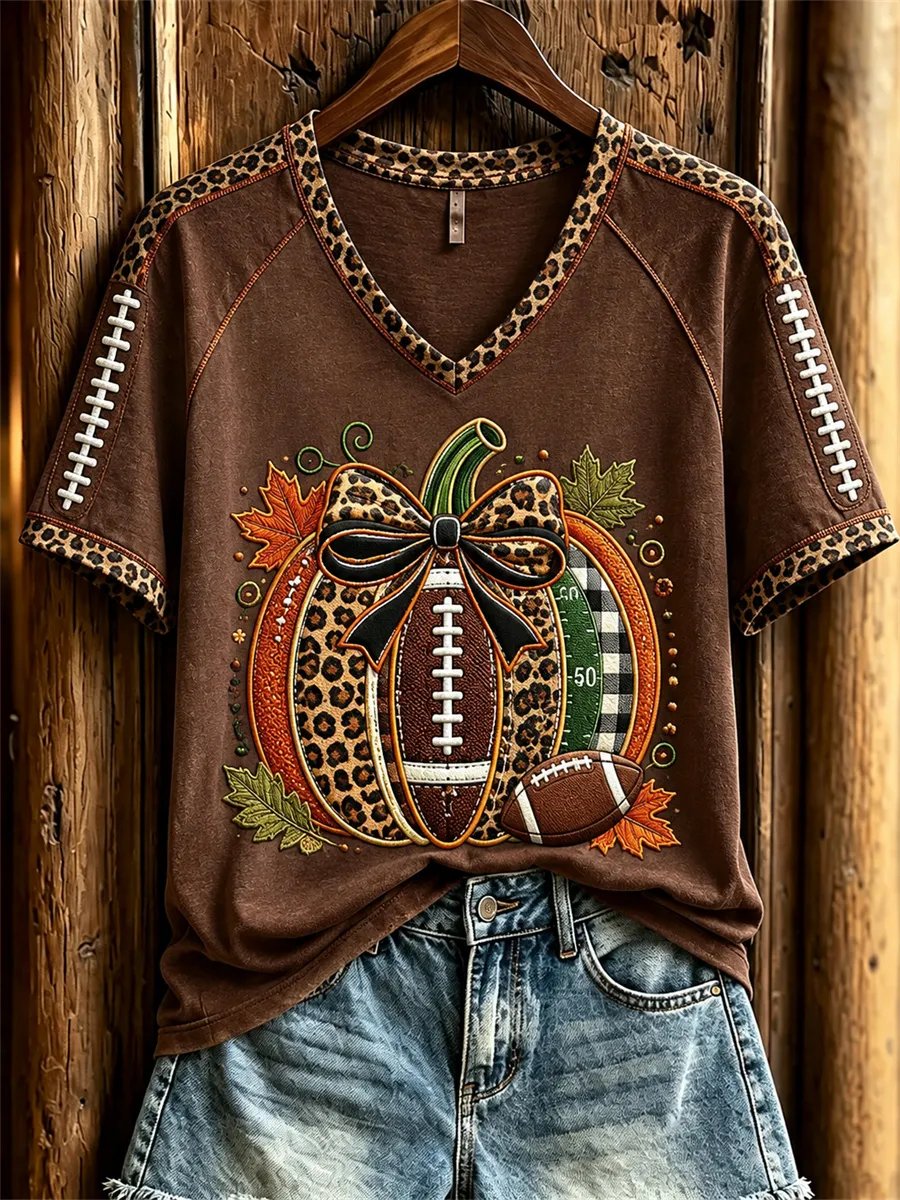 Women's Football Inspired Fall Pumpkin Print T-shirt