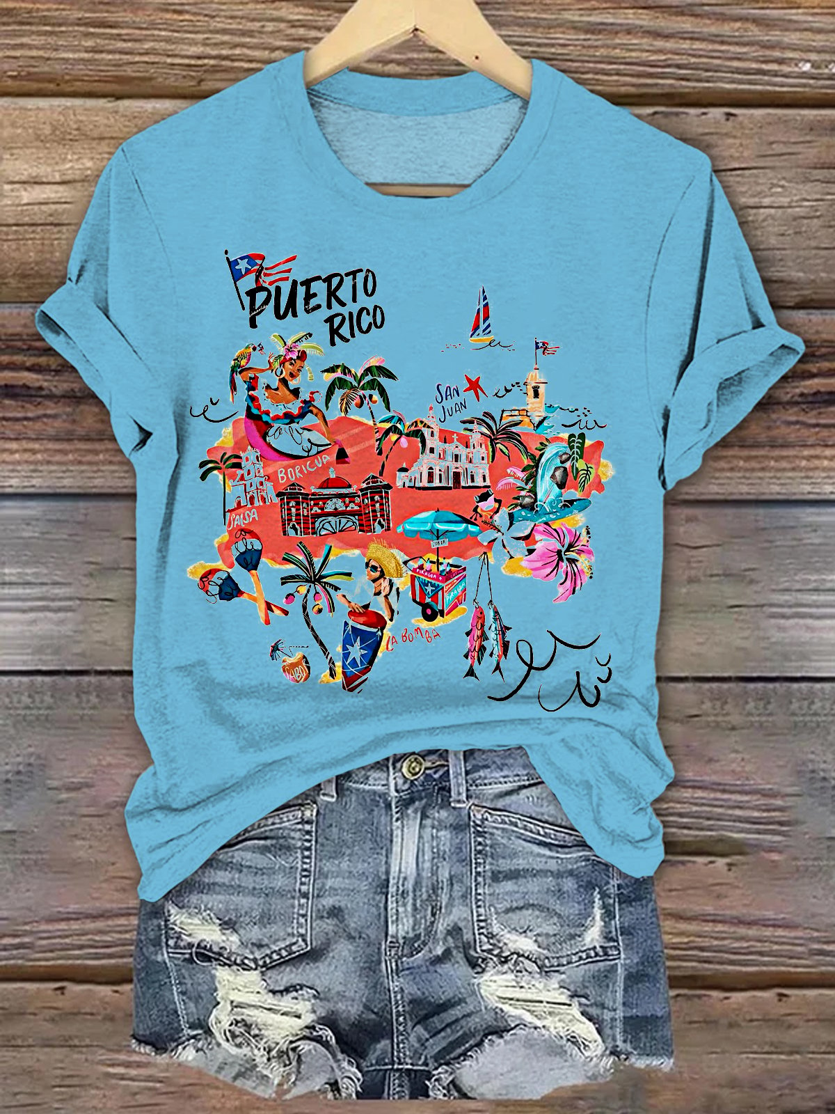 Puerto Rican Floral Print Crew Neck T-shirt