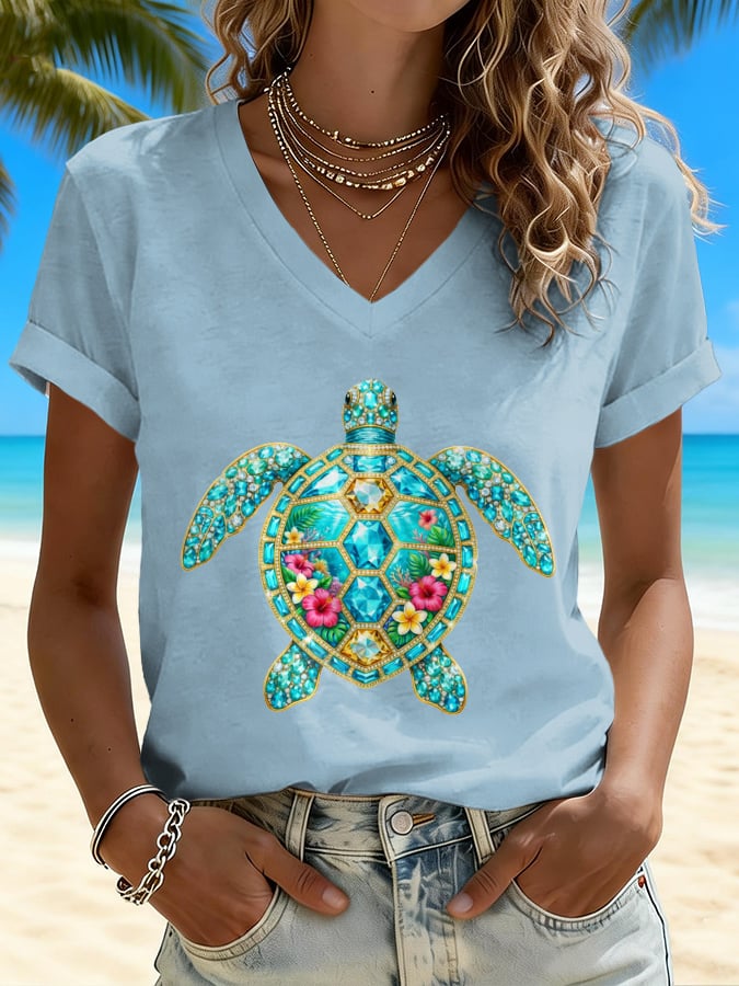V-Neck Retro Vacation Beach Colorful Sea Turtle Floral Print T-Shirt