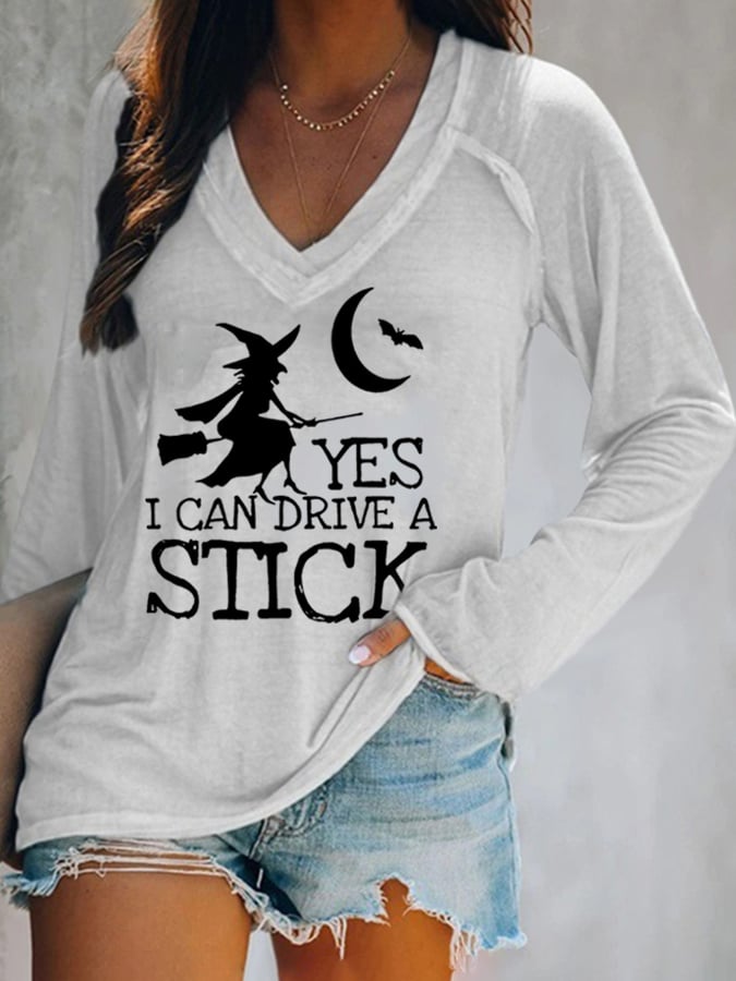 Women's Yes I Can Drive A Stick Print Long Sleeve Casual T-Shirt