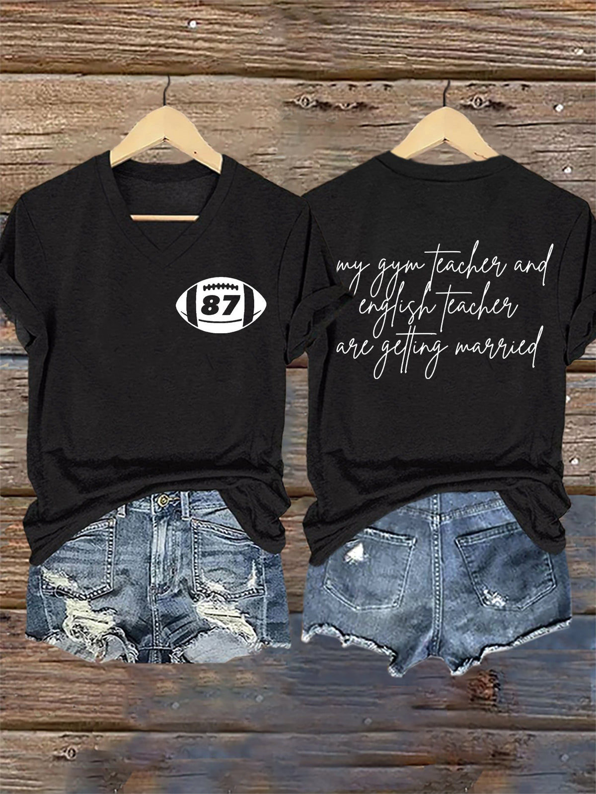 V-Neck Retro 87 Football My English Teacher And Gym Teacher Are Getting Married Print T-Shirt