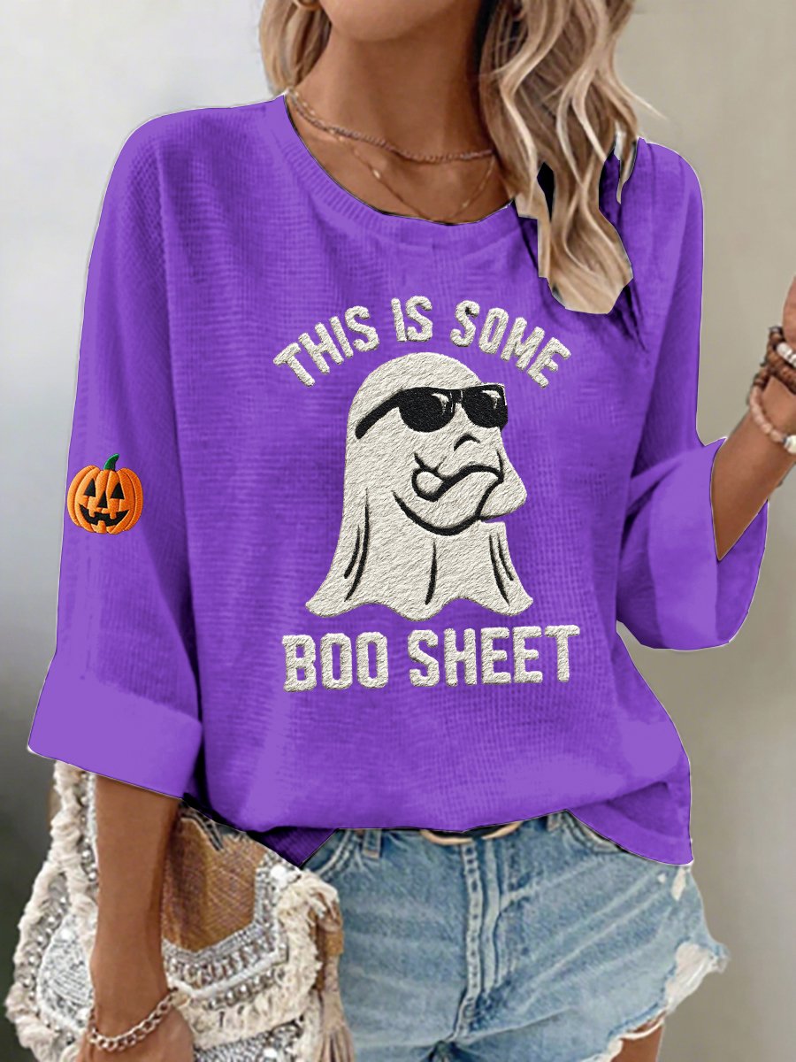 Women's casual Halloween ghost waffle embroidered T-shirt