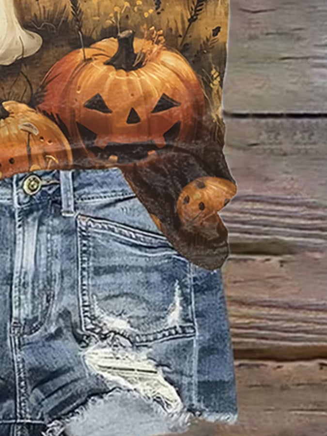 Women's Halloween Autumn Ghost Pumpkin Print Casual T-Shirt