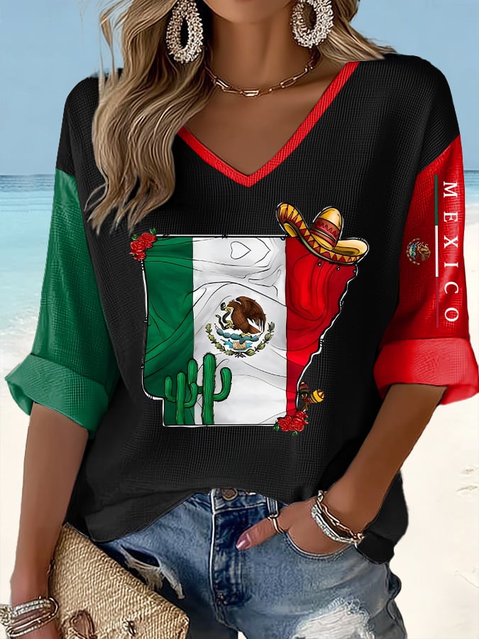 Women's Casual Printed Waffle Top