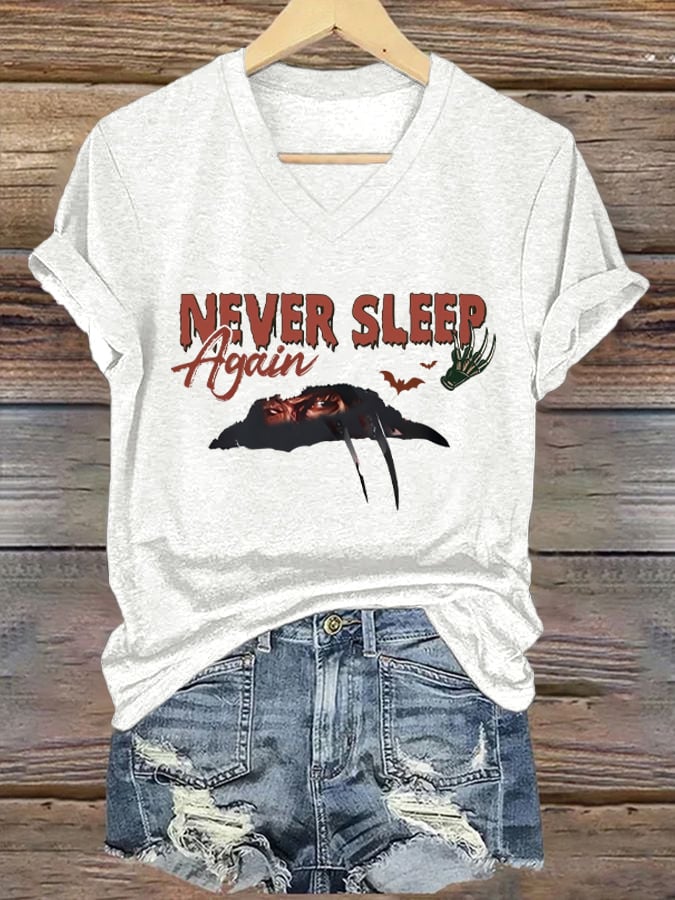 Women's Halloween Horror Nightmare Print V-Neck T-Shirt