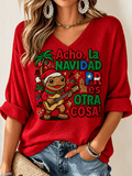 Women's Puerto Rico Christmas Print Waffle-Knit Top