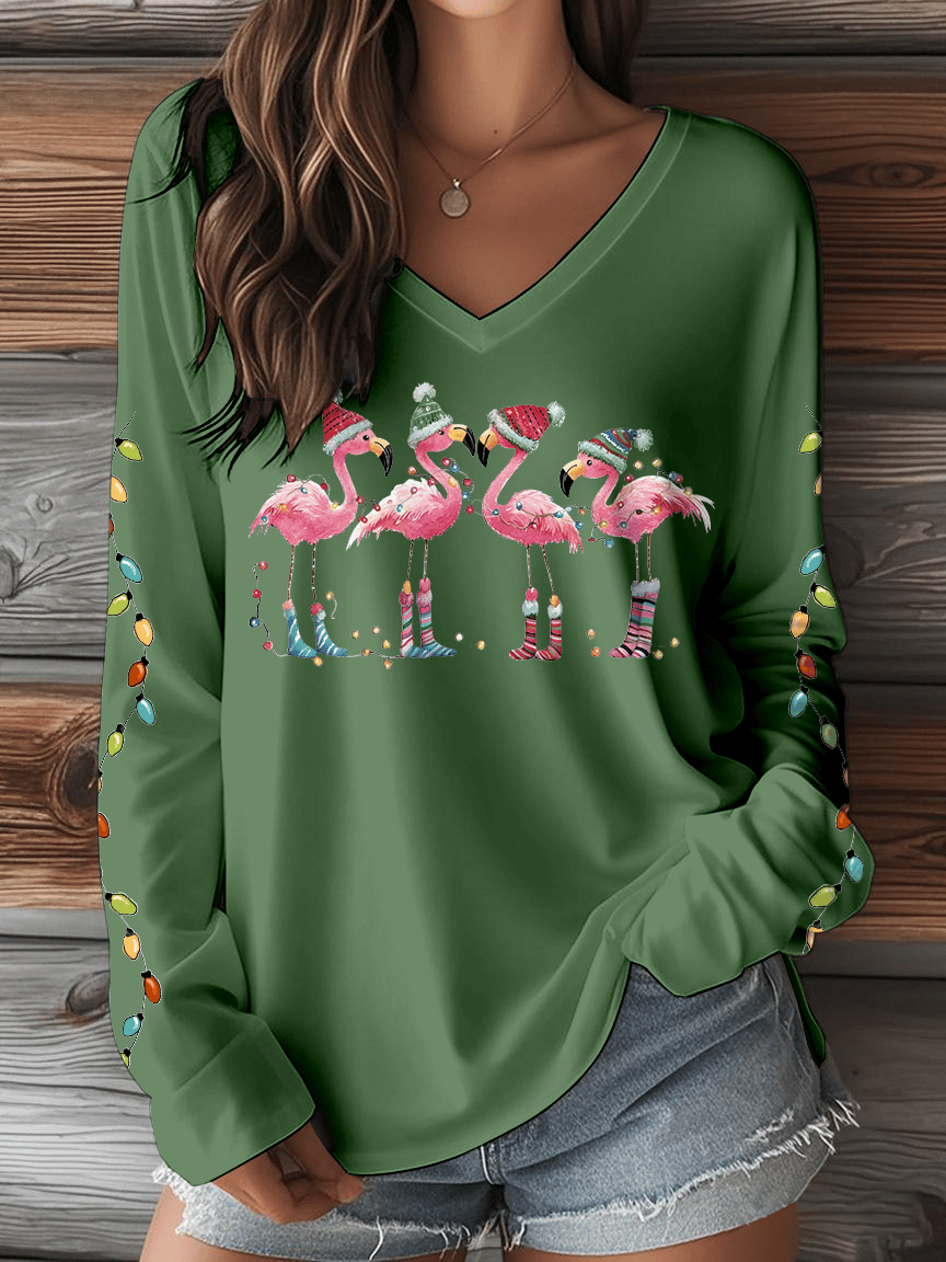 Women's Christmas Flamingo Print V-Neck Long Sleeve T-Shirt