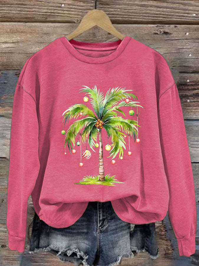 Women'S Casual Christmas Palm Tree Printed Long Sleeve Sweatshirt
