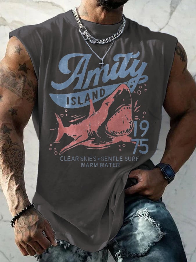 Men's Vintage Amity Island 1975 Clear Skies Gentle Surf Warm Water Print Tank Top