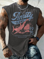Men's Vintage Amity Island 1975 Clear Skies Gentle Surf Warm Water Print Tank Top